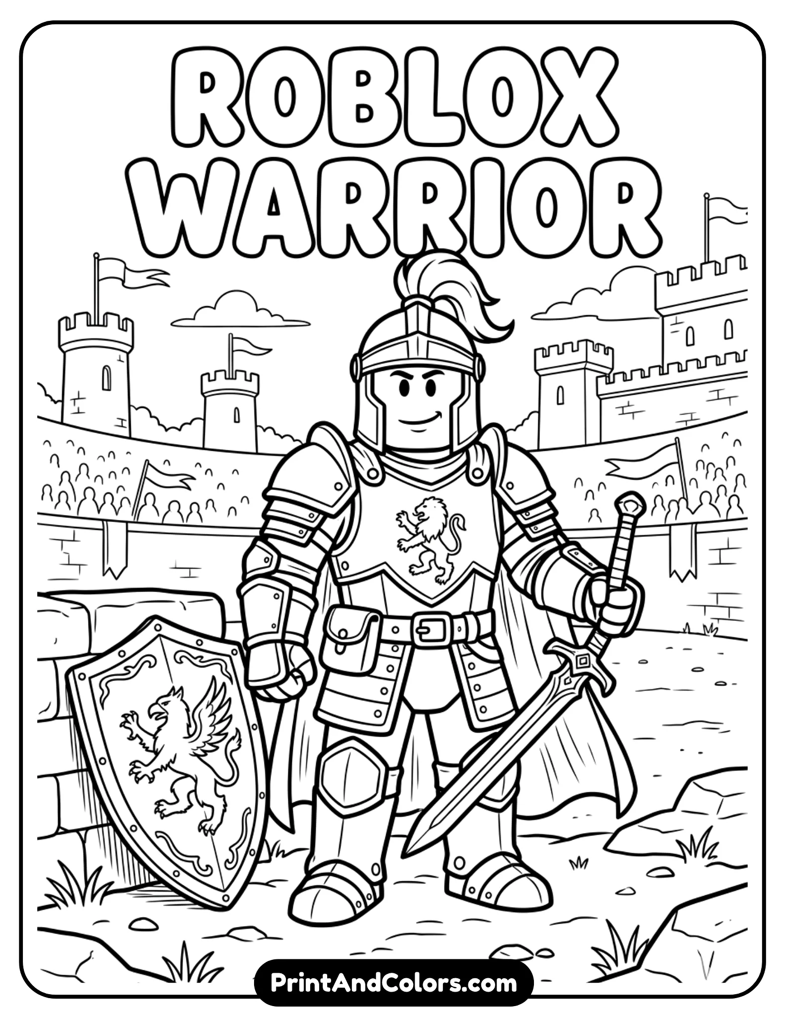Roblox warrior with armor and sword standing in a simple arena, shield nearby, minimal medieval background, bold outlines