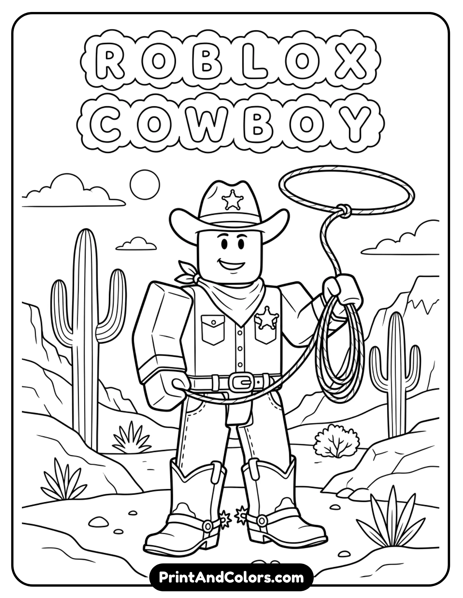 Roblox cowboy character with hat, boots, holding lasso, desert background with cactus, simple line art