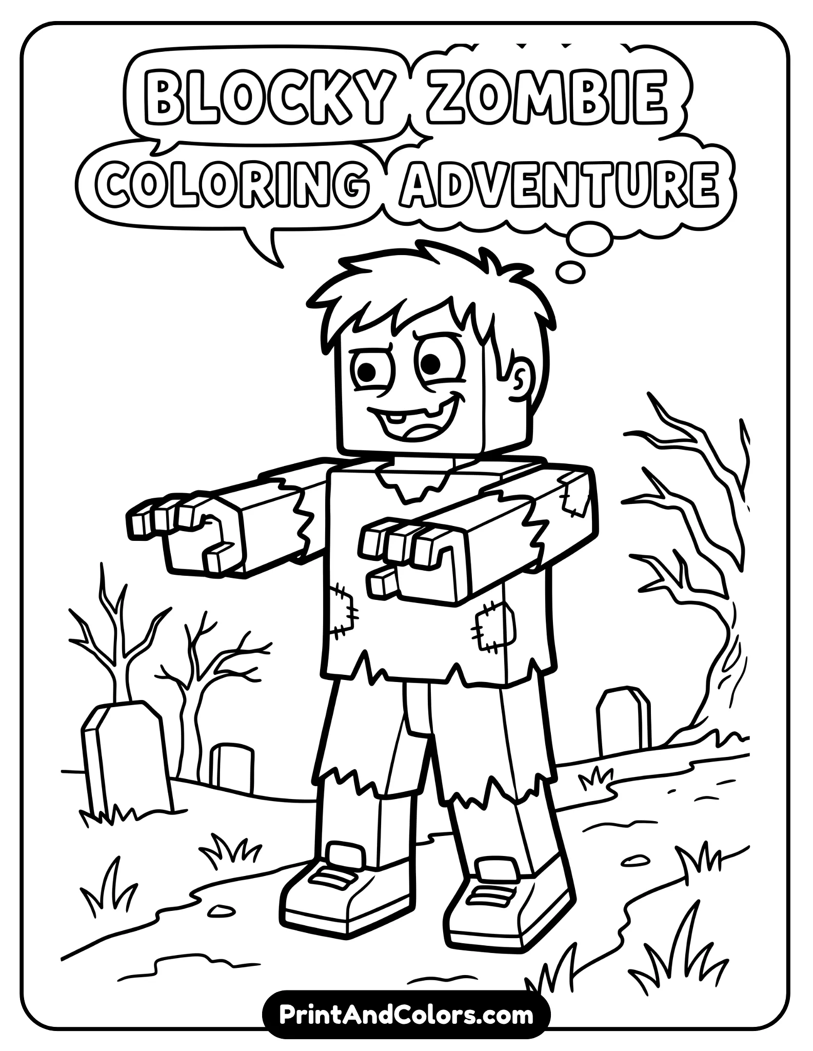 Blocky zombie Roblox character with torn clothes, playful spooky expression, arms stretched forward, minimal graveyard background, bold lines