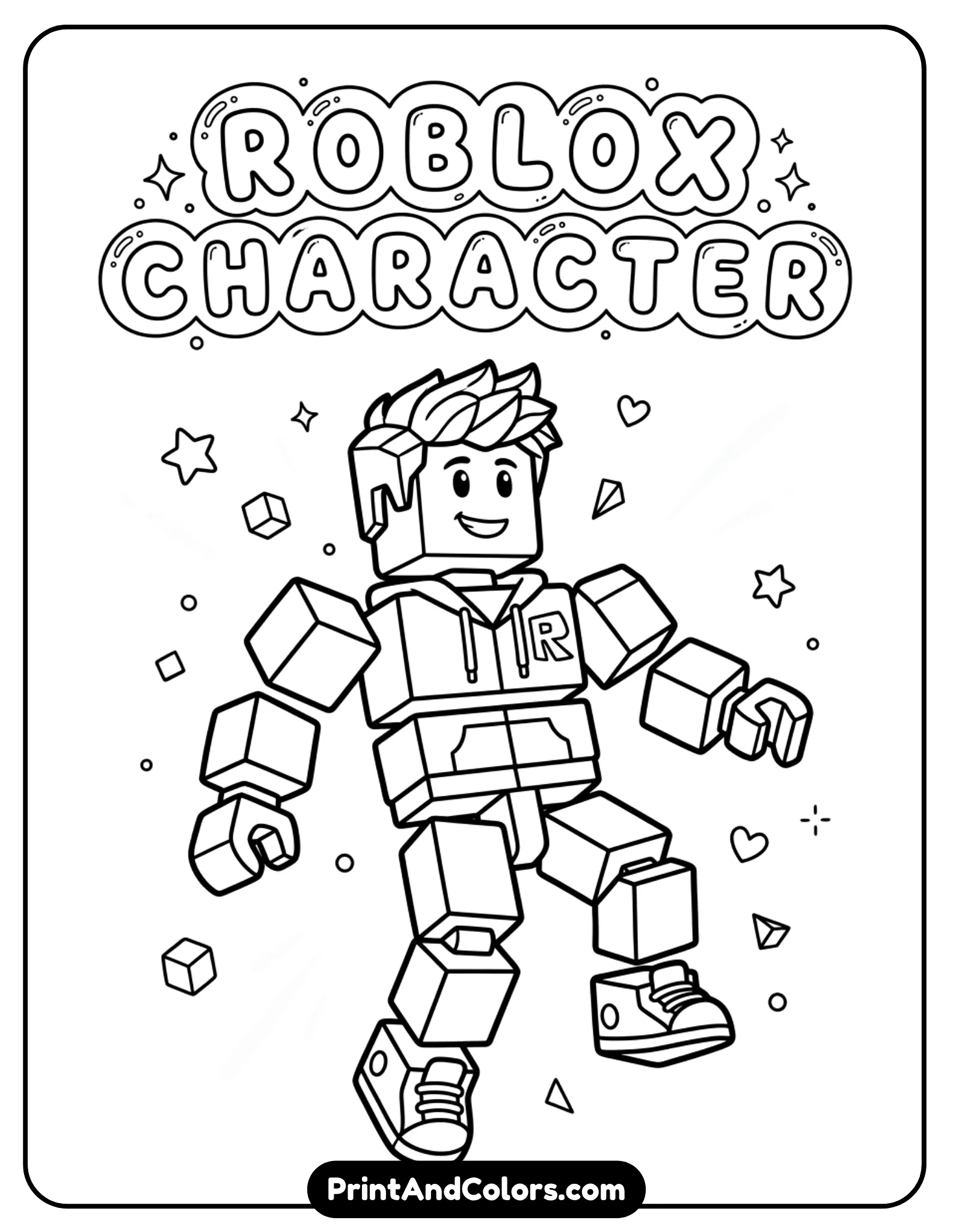 Roblox character split into block pieces floating apart, cubes separated but aligned, playful concept, clean outlines
