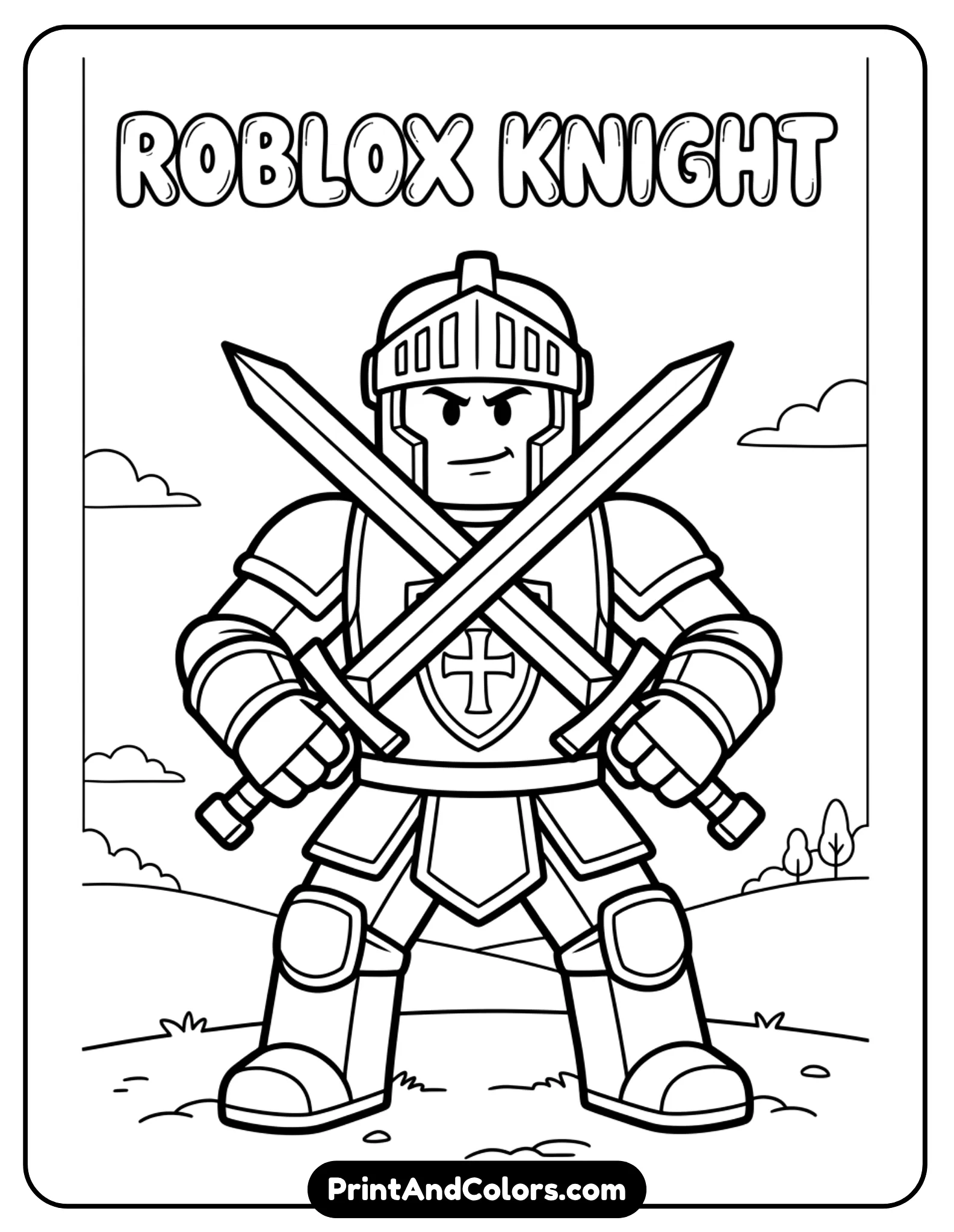 Roblox knight holding two swords crossed, strong stance, simple armor details, minimal background, bold line art