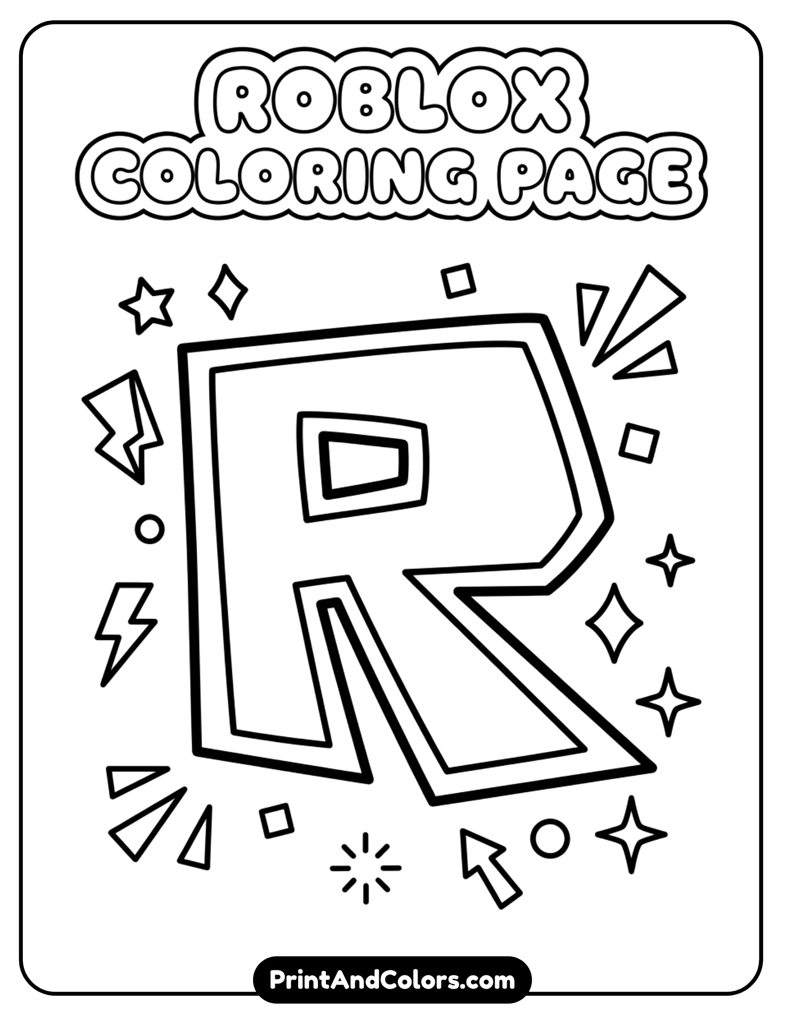 Large stylized letter “R” Roblox logo, thick outlines, simple decorative shapes around, centered for coloring