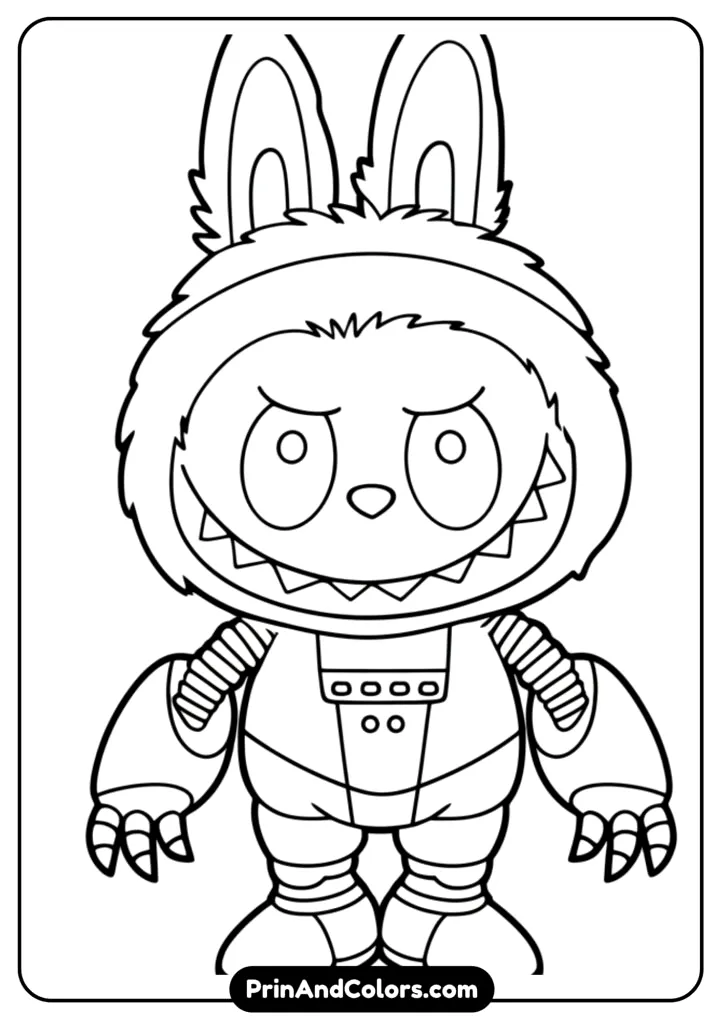 robotic version of Labubu with gears, wires, and lights, outlined in black and white mechanical design for coloring