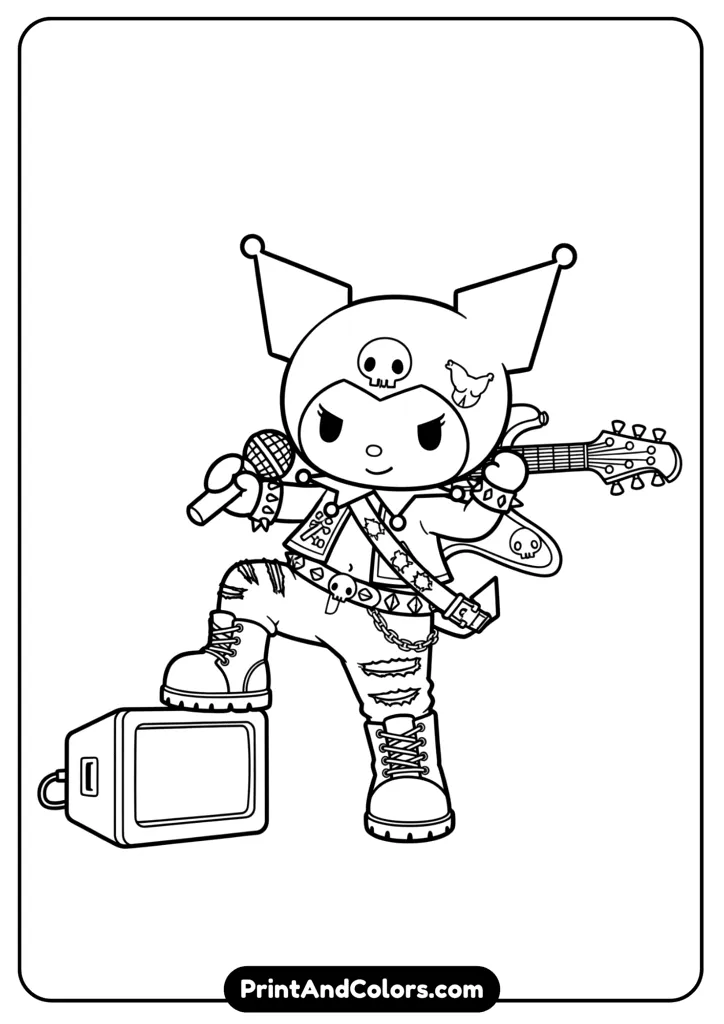 Kuromi dressed as a rock star with microphone and electric guitar, bold pose, outlined cartoon style