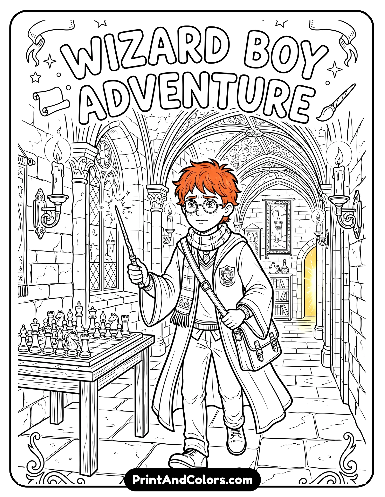 Black and white coloring page of a red-haired wizard boy wearing school robes and holding a wand with a nervous but brave expression. Include wizard chess pieces, magical candles, and castle hallway details in the background. Detailed line art, printable fantasy coloring book style, clean outlines and no shading