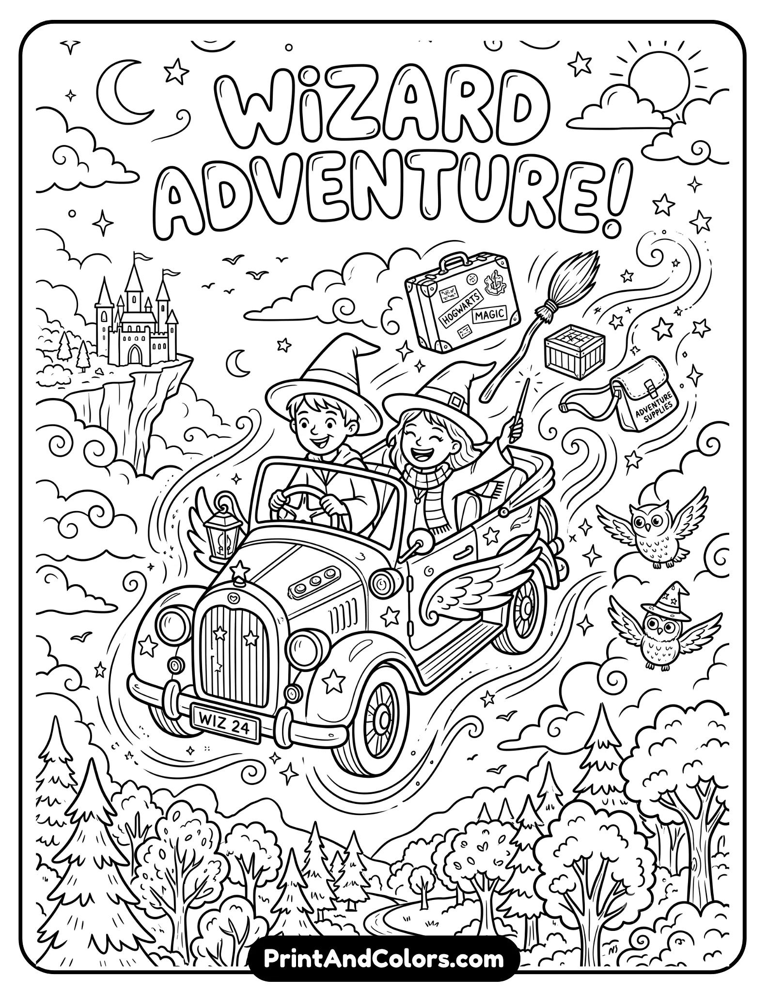 Fun black and white coloring page of two young wizards inside a flying vintage car soaring above trees and clouds. Include magical motion lines, owls, floating luggage, and fantasy sky scenery. Printable line art coloring page with playful adventure details