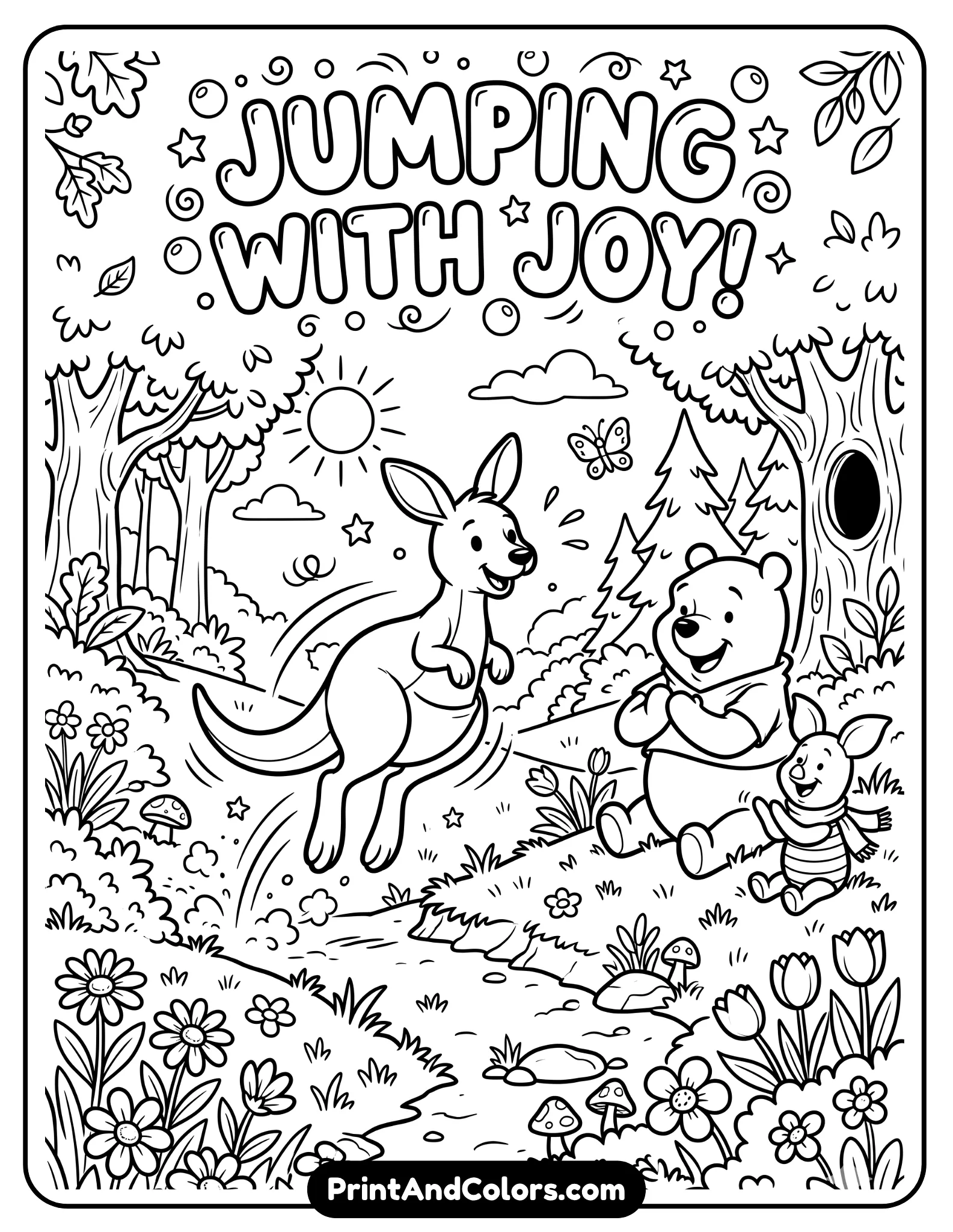 Fun coloring page line art of Roo jumping joyfully while Pooh and Piglet watch happily, playful movement lines, forest setting with grass and flowers, friendly cartoon style, bold outlines for printable kids coloring pages