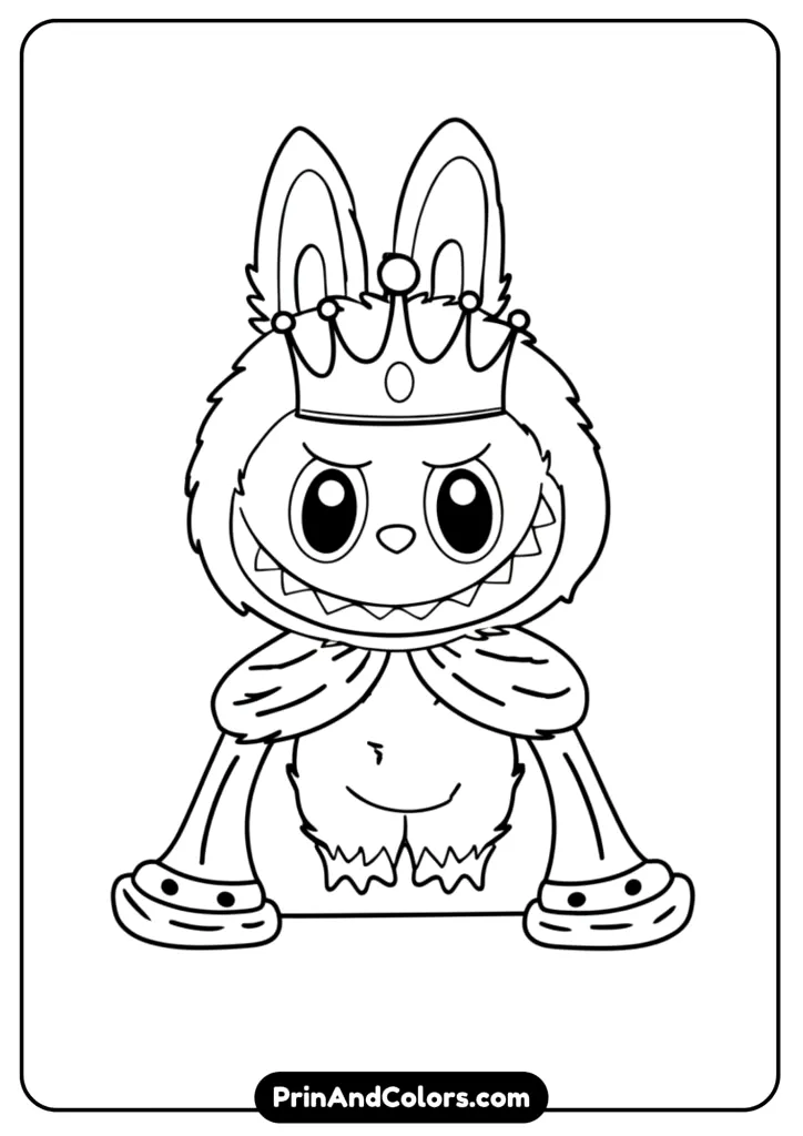 Royal Labubu wearing a crown and cape, sitting on a throne surrounded by stars, in clean black and white line art for kids to color.