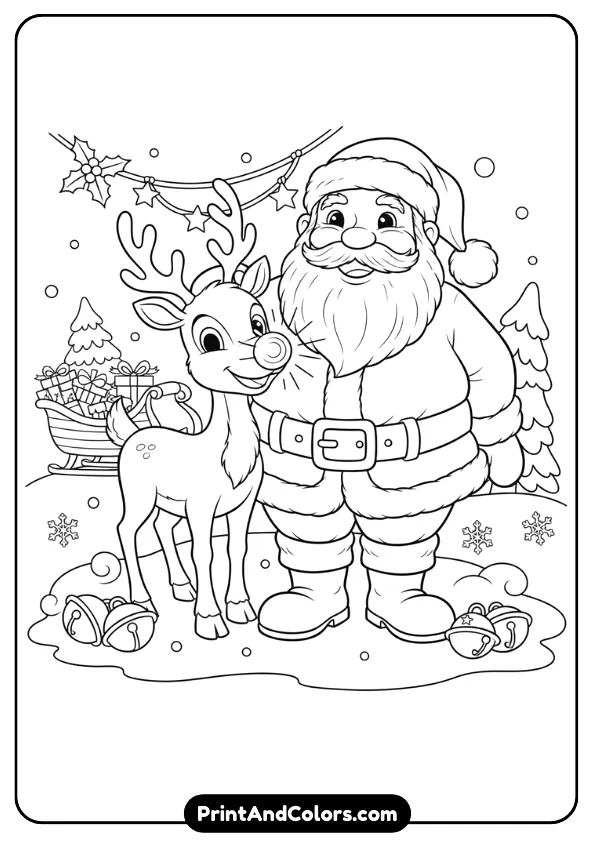 Santa standing beside Rudolph with his glowing nose (outline only), both smiling. Add sleigh bells, winter snow, and simple Christmas details