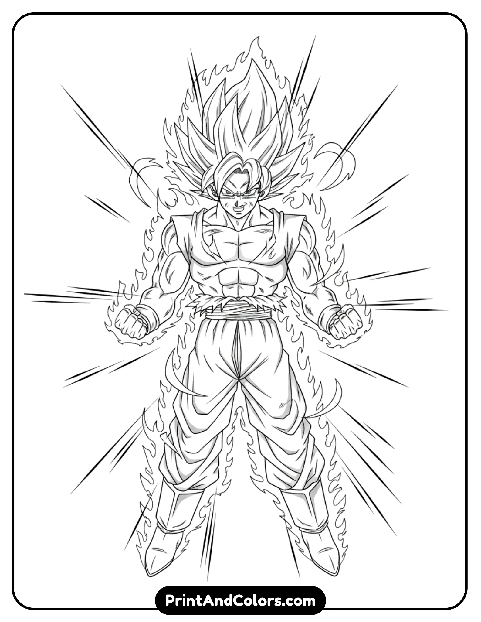 Create a high-energy black and white line art illustration of SSGSS Goku powering up. Blue-style energy flames are represented using sharp flowing flame outlines and dynamic motion lines around his body. Goku’s hair is sharp and lifted, fists clenched, face intense. Use bold, clean outlines, no shading or grayscale, simple background for easy coloring.