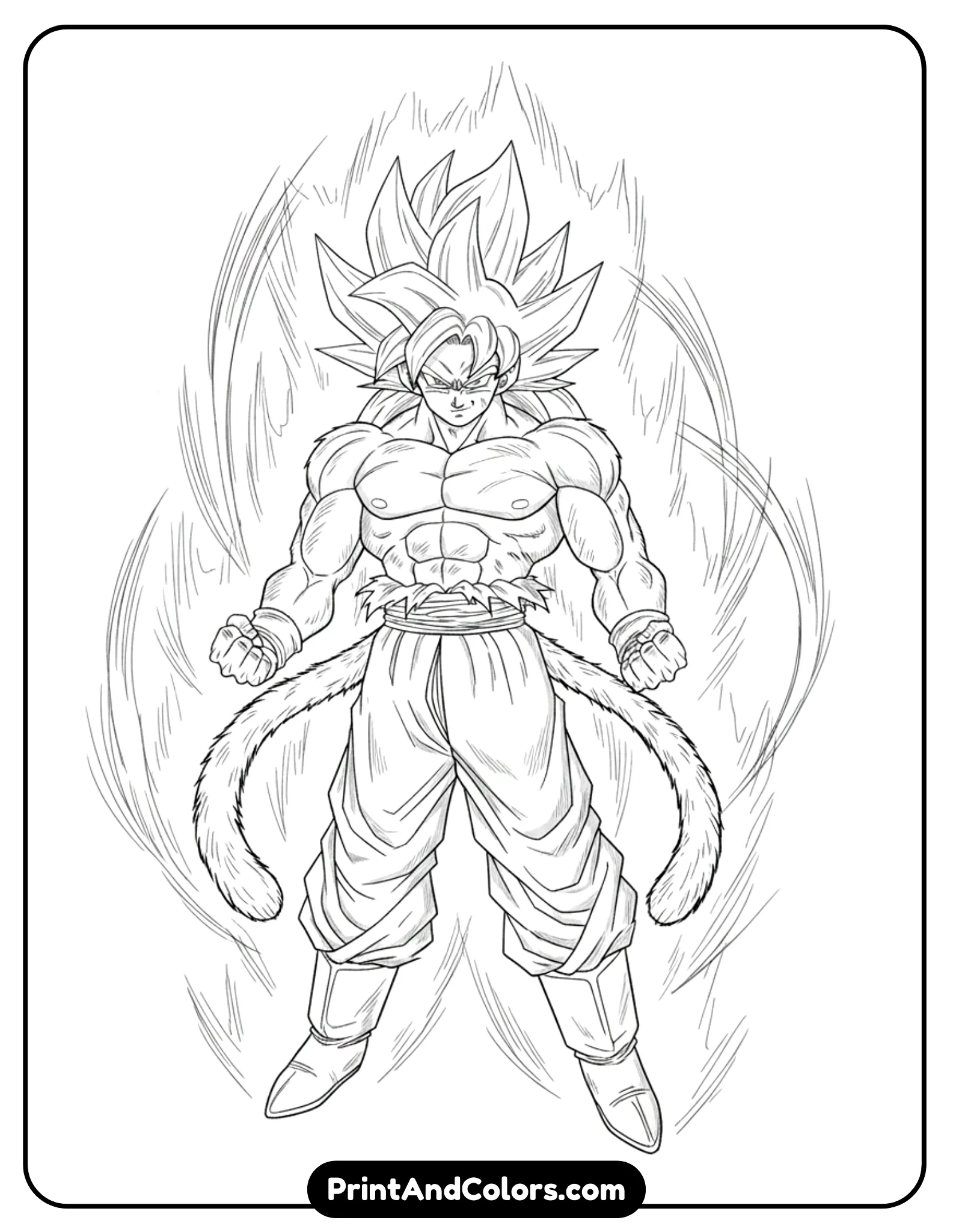 Draw SSJ4 Goku in a powerful stance with wild hair, tail wrapped slightly behind him, and muscular form. Fur texture is shown using clean line details without shading. Intense expression, minimal background. Black and white line art only.