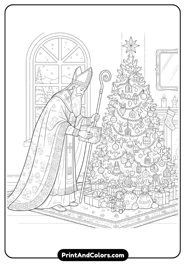 Saint Nicholas in long robes placing gifts beneath a decorated Christmas tree. Include classic European details and soft, elegant outlines.
