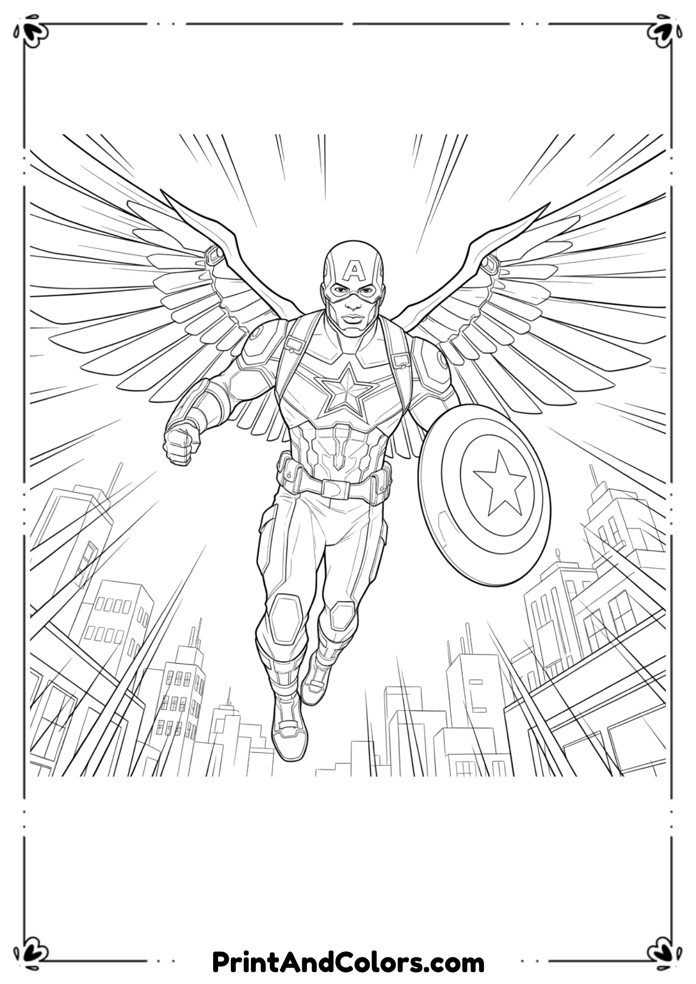 Line art of Sam Wilson wearing Captain America suit with wings and shield.

