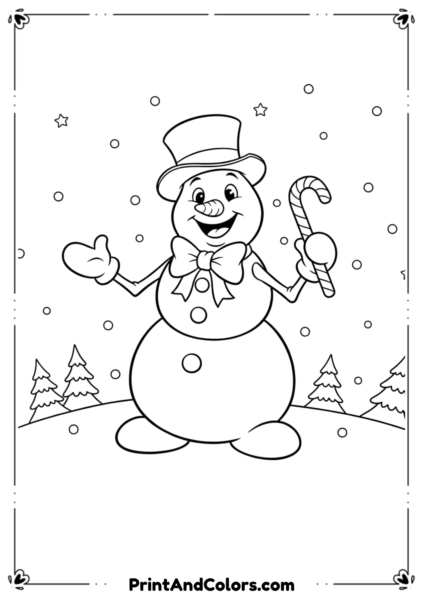 Friendly Sam the Snowman character with storyteller pose, wearing bow tie and hat, holding a cane. Soft cartoon outlines.
