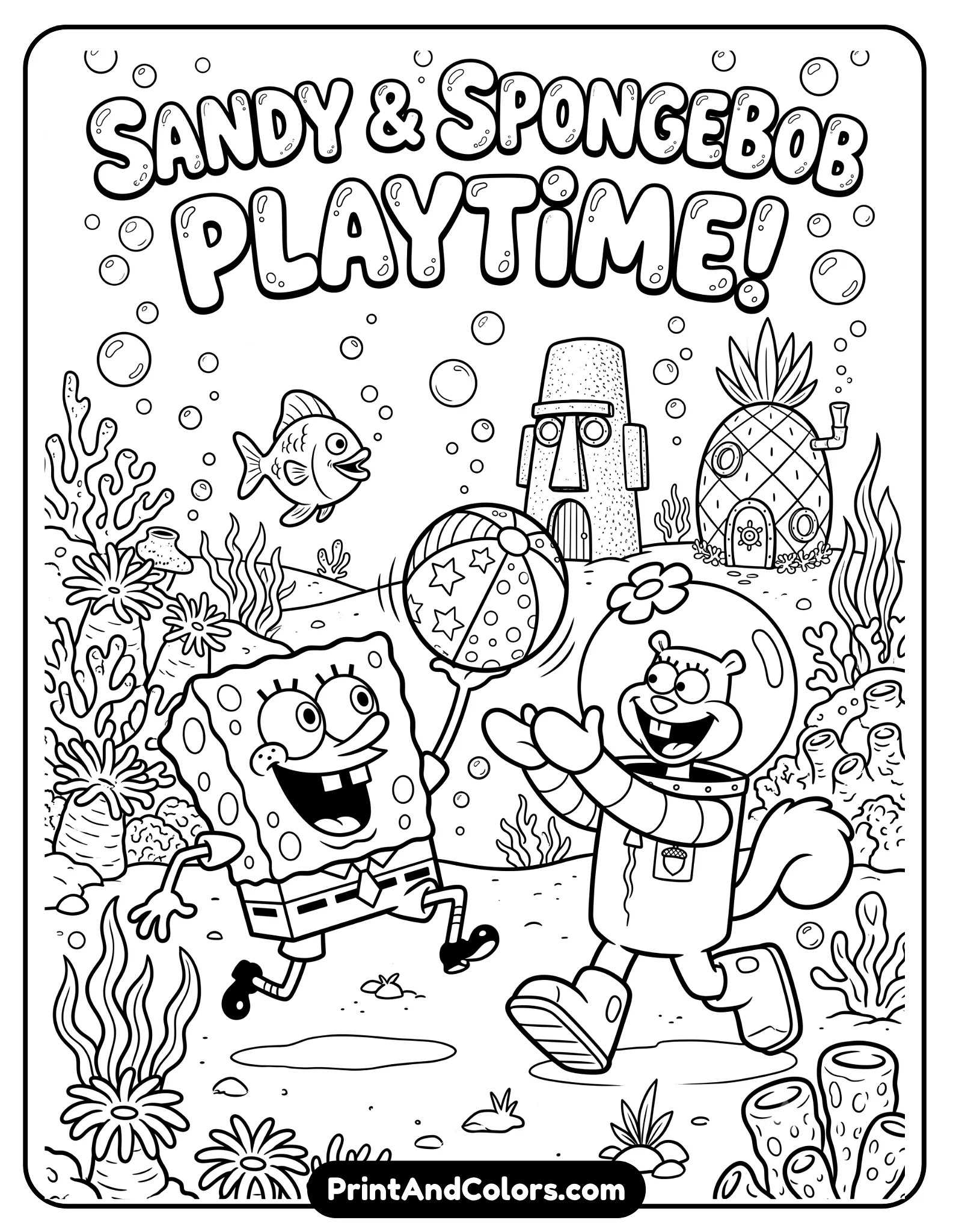 Black and white line art coloring page of Sandy Cheeks and SpongeBob playing together underwater, laughing while tossing a beach ball, Bikini Bottom scenery with bubbles and coral reefs, printable cartoon style with thick outlines.