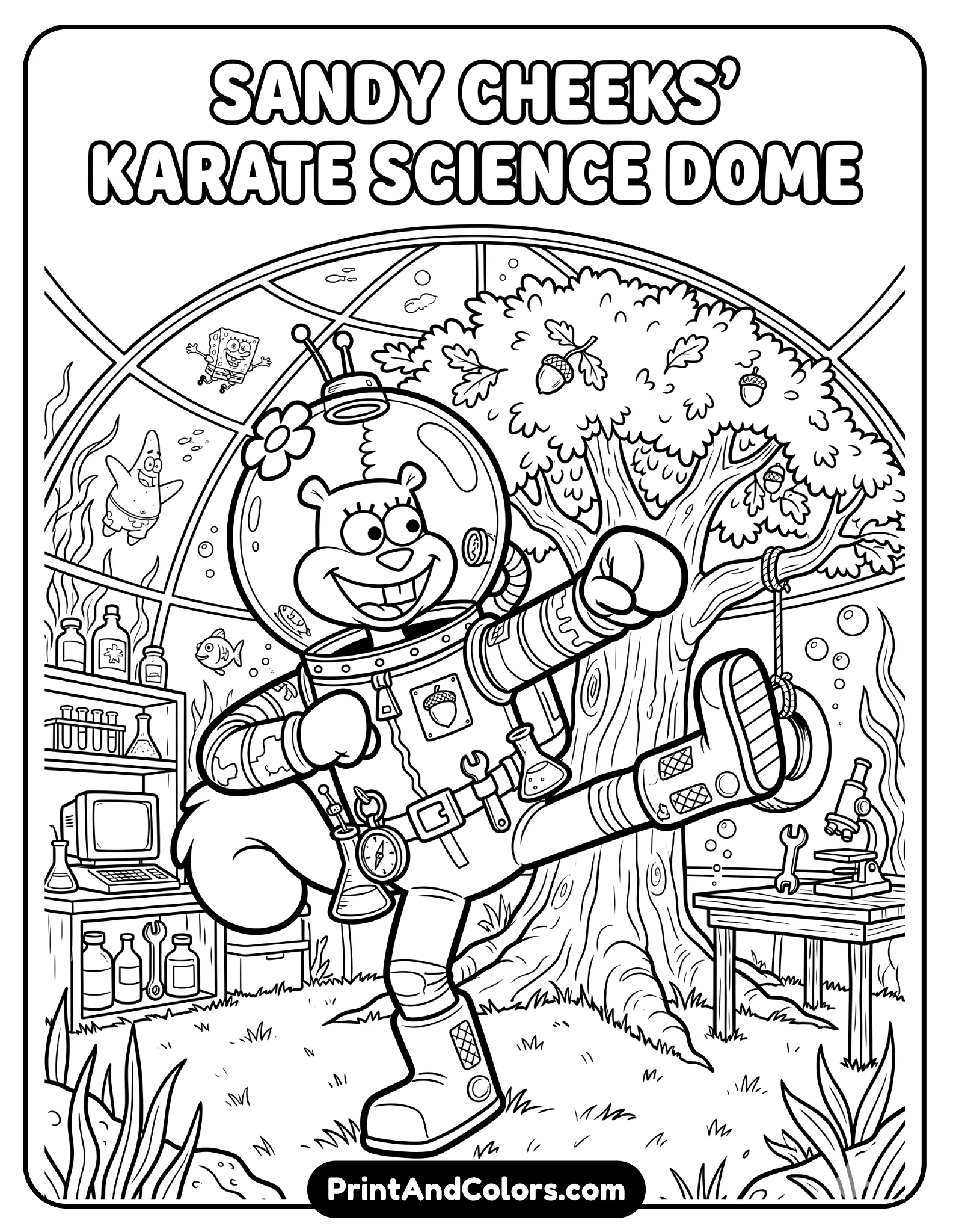 black and white coloring sheet of Sandy Cheeks wearing her astronaut-style underwater suit and helmet, karate pose, underwater dome background with trees and science items, clean cartoon line art, kid-friendly printable coloring page, thick outlines and detailed accessories