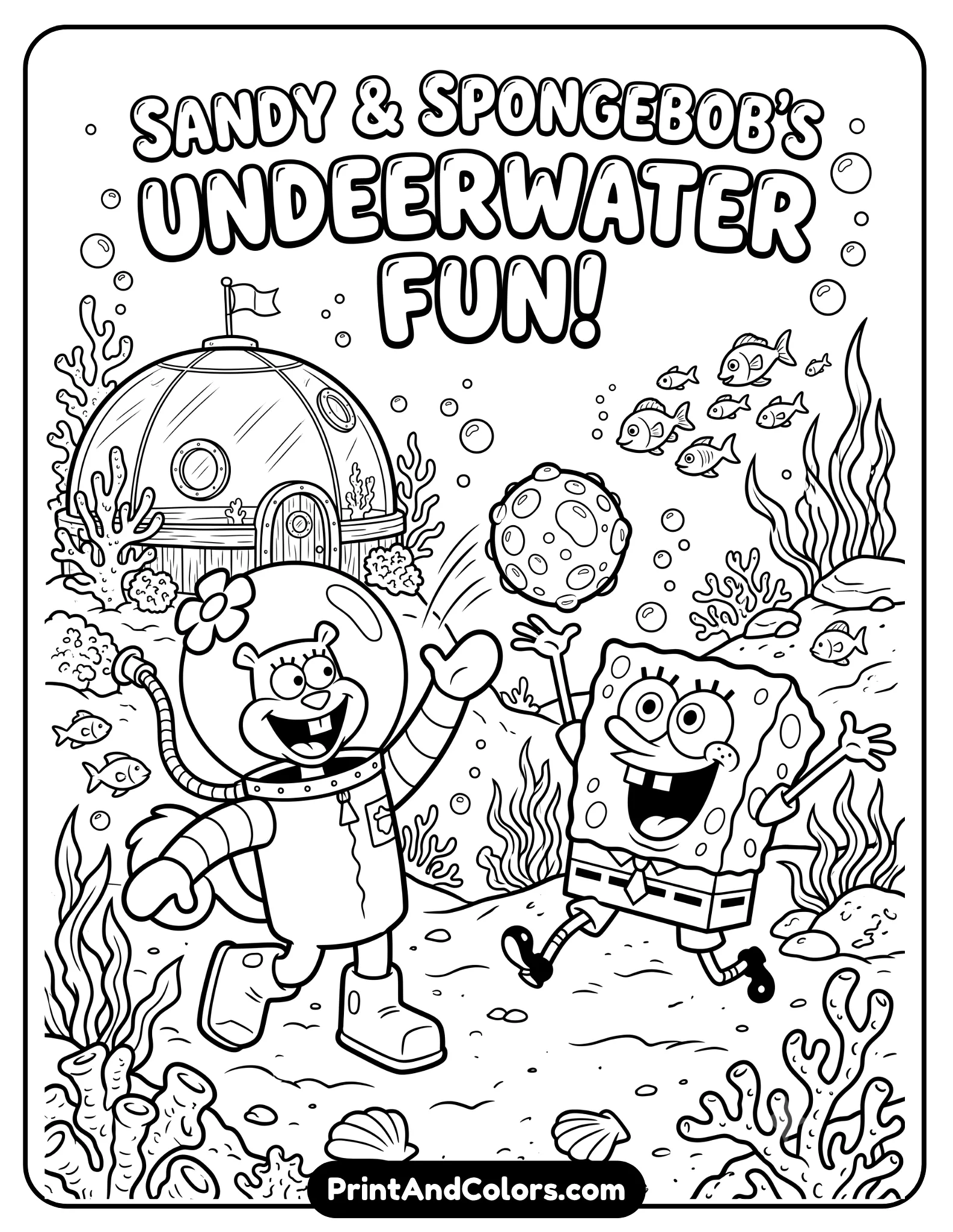 Detailed black and white coloring page of Sandy Cheeks and SpongeBob playing sports underwater, tossing a ball and laughing, dome background elements, coral and bubbles around, clean bold outlines for printable coloring activity