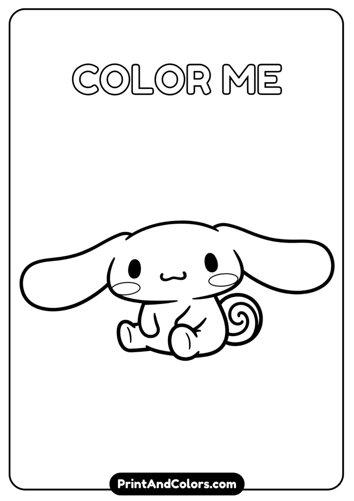 Official Sanrio style Cinnamoroll, sitting and smiling, cartoon black and white outline drawing, no colors, clean background