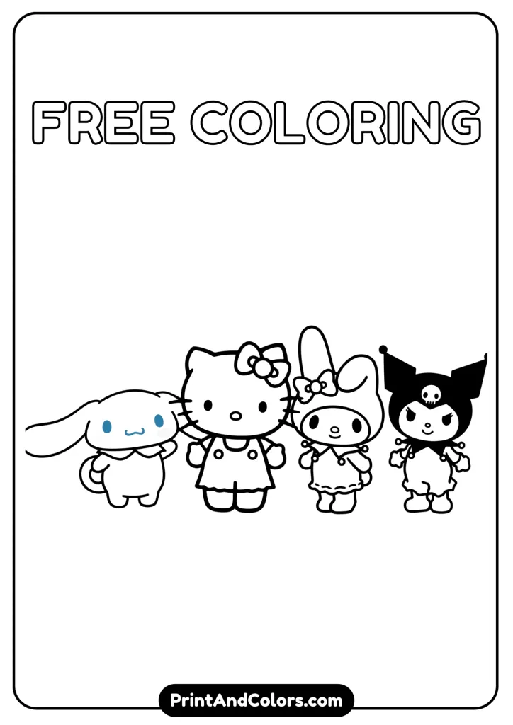 Cinnamoroll, Hello Kitty, My Melody, and Kuromi standing together, cartoon black and white line art, no colors, plain background