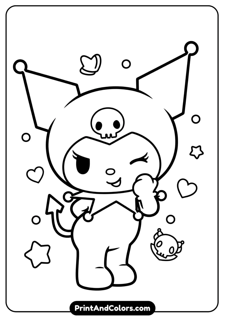 Classic Kuromi character design, bold cartoon outlines, Sanrio-style kawaii coloring sheet.