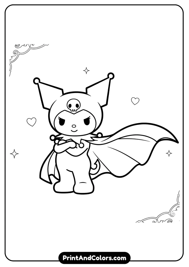 Kuromi with flowing cape, standing proudly, cartoon Sanrio style, outlined in bold black lines