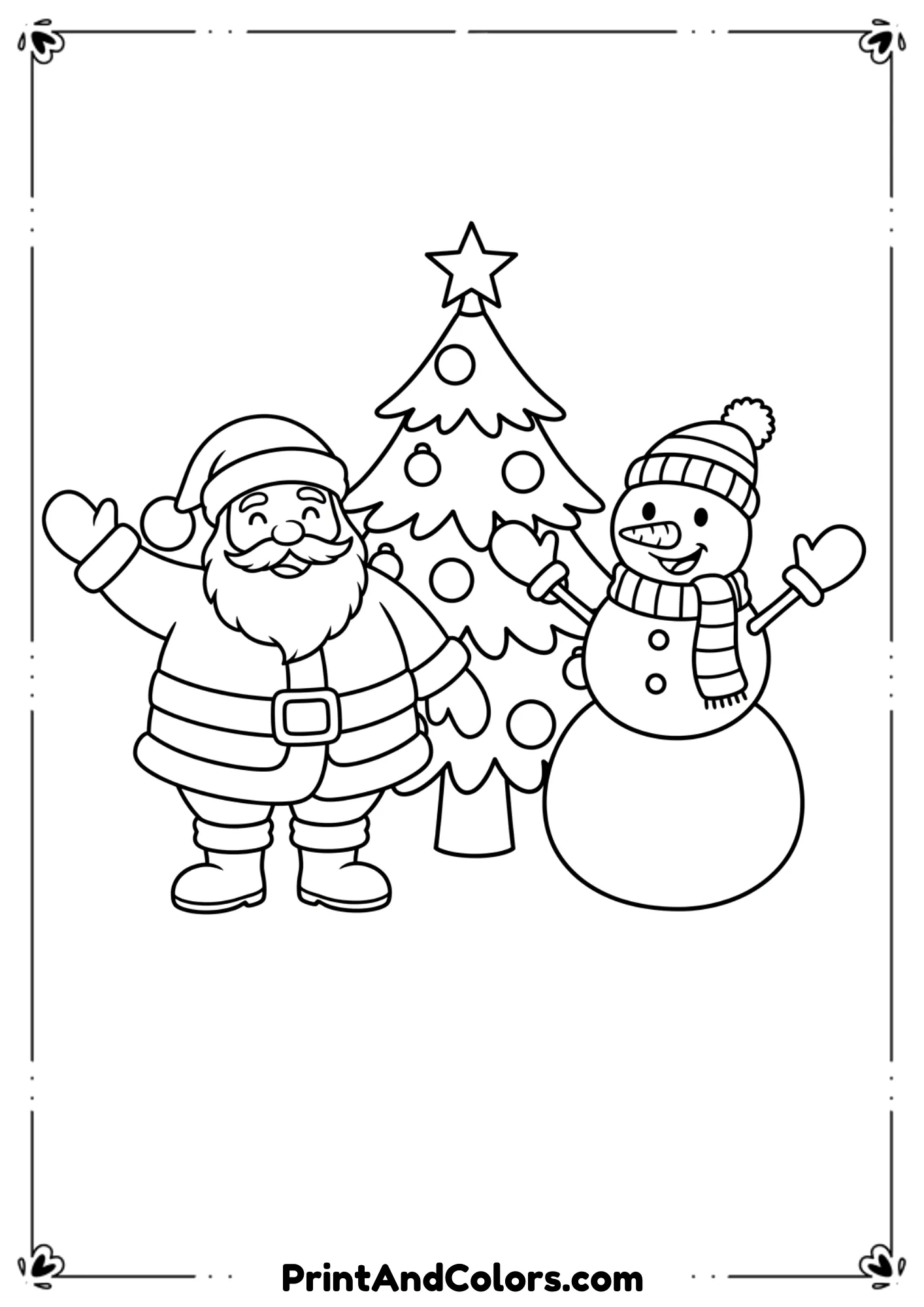  Friendly Santa and happy snowman standing near a Christmas tree, smiling and waving. Thick outlines, simple cartoon holiday theme.
