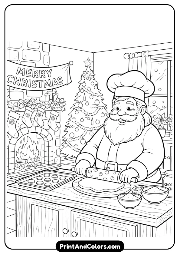 Create a clean black and white coloring page of Santa baking cookies in a cozy kitchen. Include a tray of cookies, rolling pin, ingredients, and warm holiday décor. Bold outlines for easy coloring