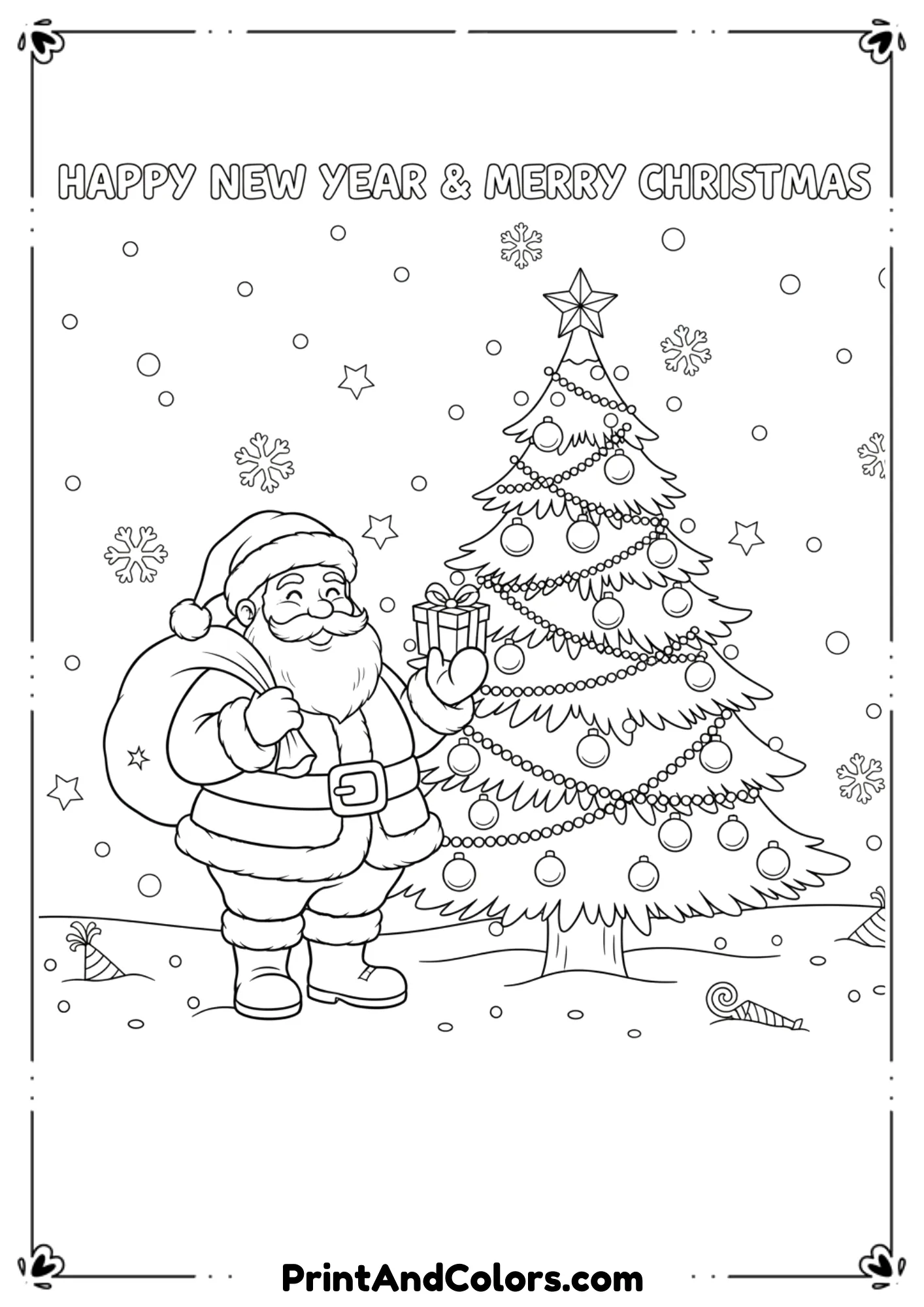  Black and white line art of Santa Claus standing next to a decorated Christmas tree on a snowy night, with stars, snowflakes, and subtle New Year elements. Clean outlines, no shading, festive winter coloring page.
