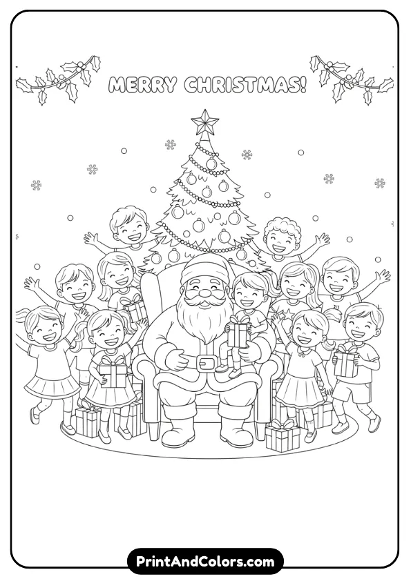 Black and white line art showing Santa Claus surrounded by happy children celebrating Christmas. Include a decorated tree, presents, and festive details. Use clear outlines suitable for coloring