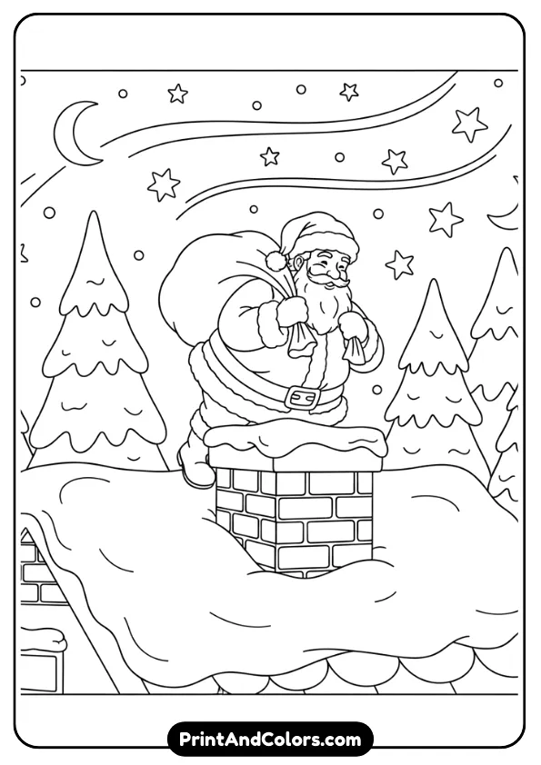 Santa climbing into a chimney at night while carrying a gift sack. Add rooftop details, snow, and stars