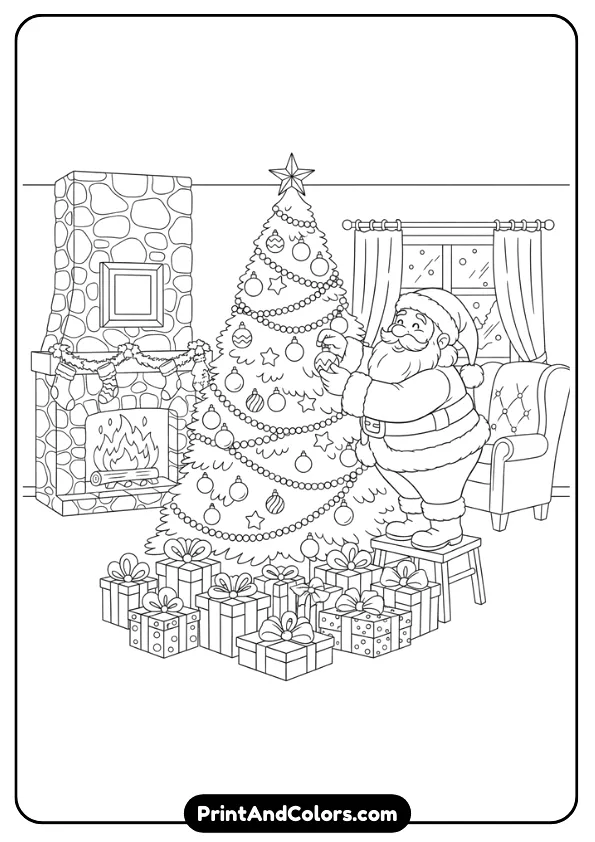Santa placing ornaments on an indoor Christmas tree with wrapped gifts around. Cozy background, fireplace optional. Simple lines.