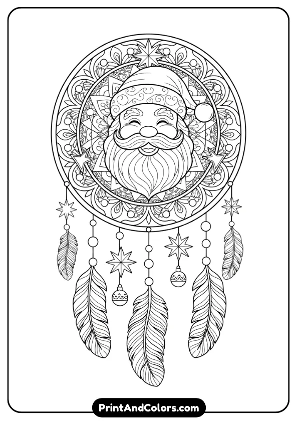 A round dreamcatcher frame with Santa face in the center, feathers hanging below, decorated with ornaments, stars, and mandala-style patterns. Clean, decorative outlines