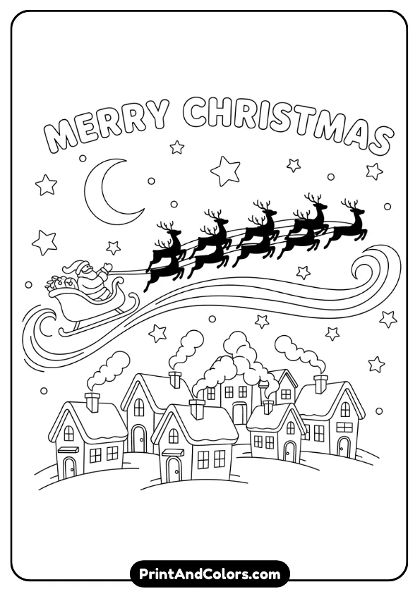 Dramatic line art of Santa flying in sleigh above houses and snowy rooftops. Include reindeer silhouettes and night sky details