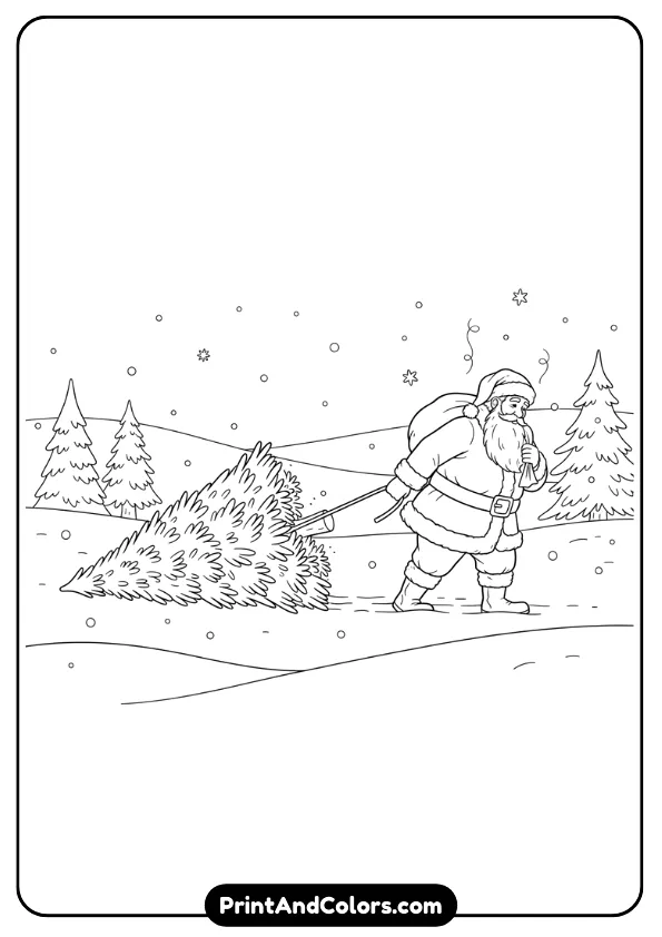 Santa pulling or carrying a pine Christmas tree through snowy ground with gentle winter details. Clean, bold lines