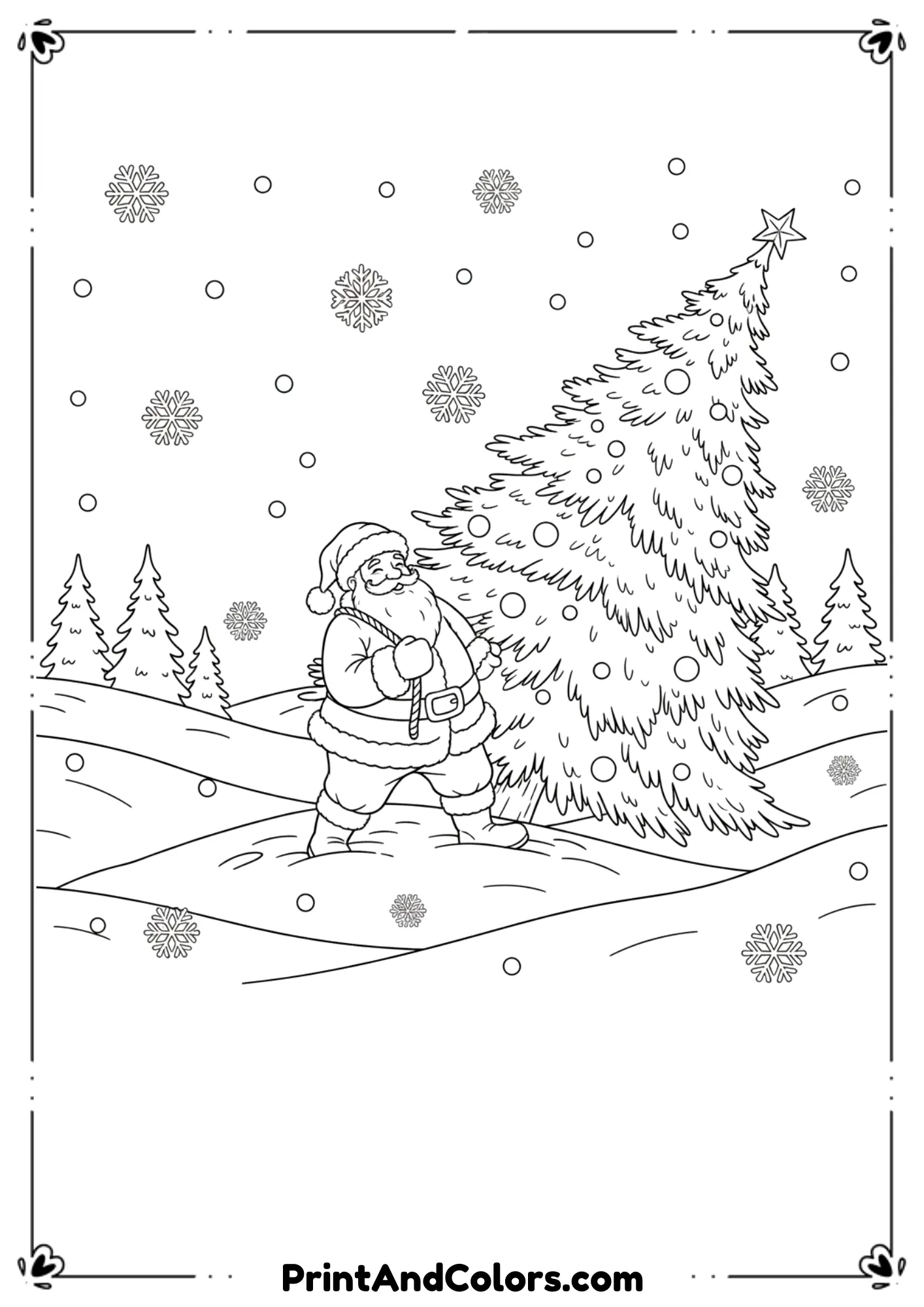  Black-and-white line-art of Santa Claus pulling or carrying a large Christmas tree through snowy ground. Snowflakes falling, Santa smiling, simple winter details, clean bold outlines. No shading, kid-friendly.
