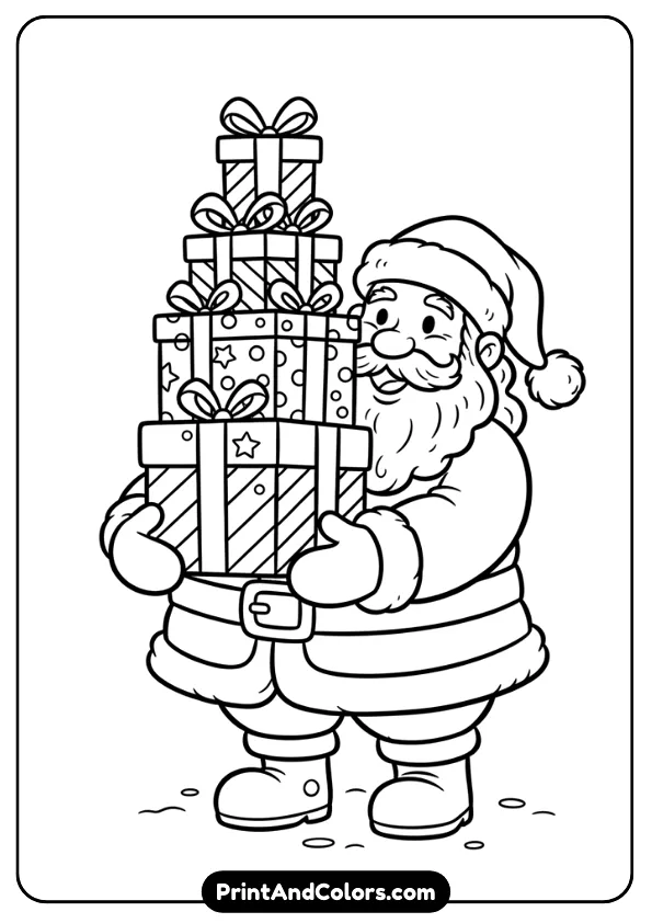 Smiling Santa holding a stack of wrapped presents. Friendly expression, clean outlines, kid-friendly details