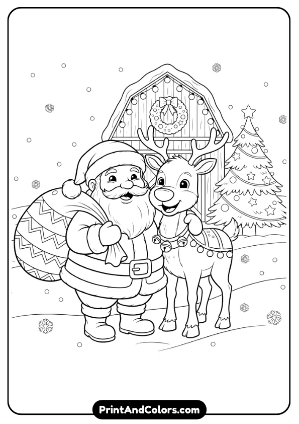 Cute Santa hugging a friendly reindeer with a barn decorated for Christmas in the background. Clear outlines.