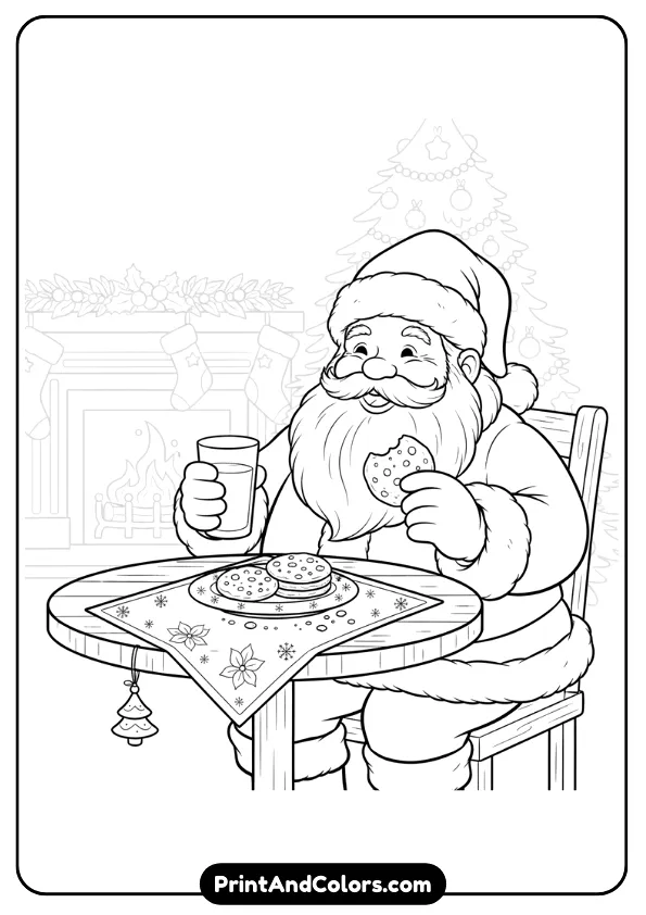 Santa sitting at a small table enjoying milk and cookies. Add plate details, crumbs, decorated table, and soft Christmas background