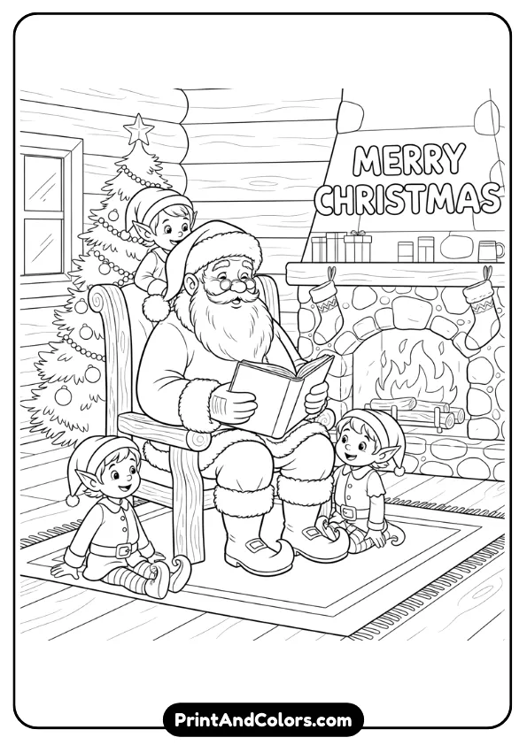 Santa sitting with a book, reading to elves inside a wooden cabin with a fireplace. Detailed but clean line art