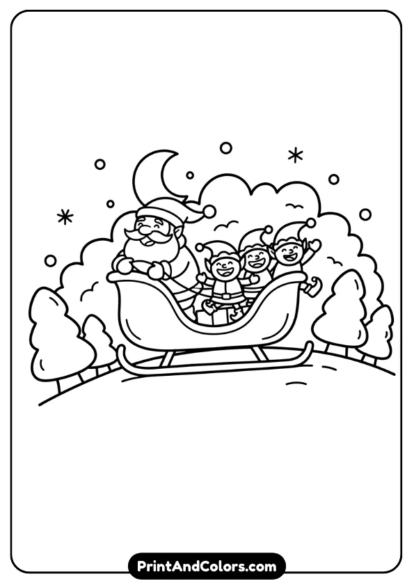 Simple playful line art of Santa and elves riding down a snowy hill on a sleigh. Big shapes, bold outlines for toddlers