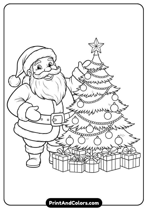 Santa smiling near a decorated tree with ornaments and gifts below. Strong outlines, festive style.