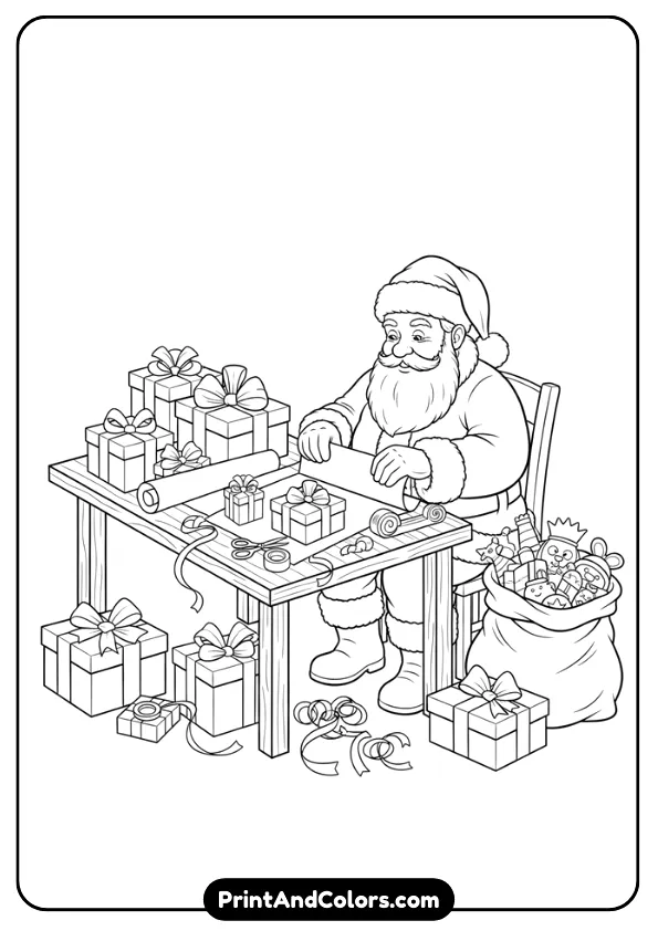 Line art of Santa wrapping presents on a table, surrounded by ribbons, boxes, and bows. Clean outlines for coloring