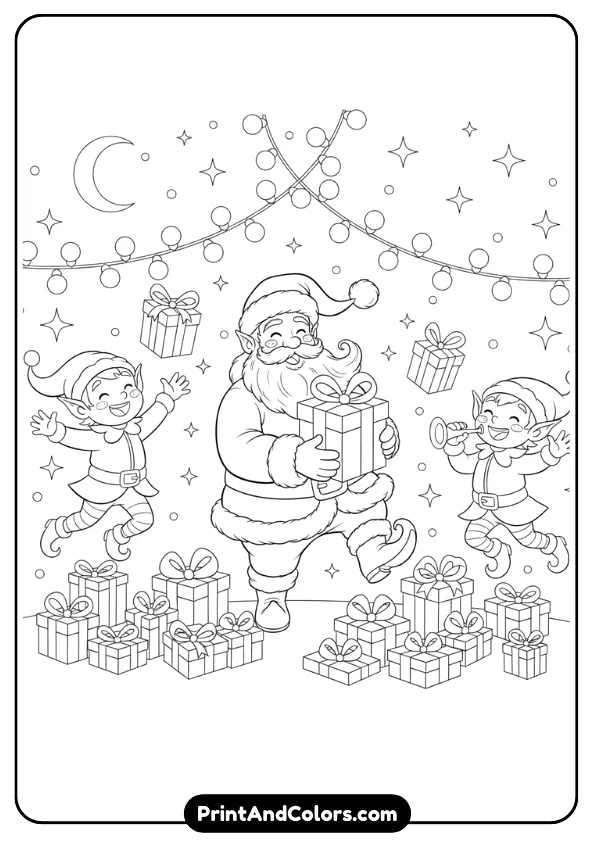 Santa and cheerful elves celebrating outdoors under a starry sky. Add Christmas lights, gifts, and cute expressions. Use clear line art