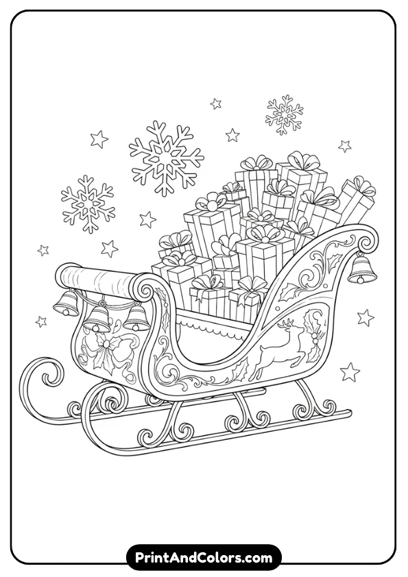 Santa’s sleigh in full view, decorated with swirls, bells, and holiday carvings. Add snowflakes, stars, and wrapped gifts