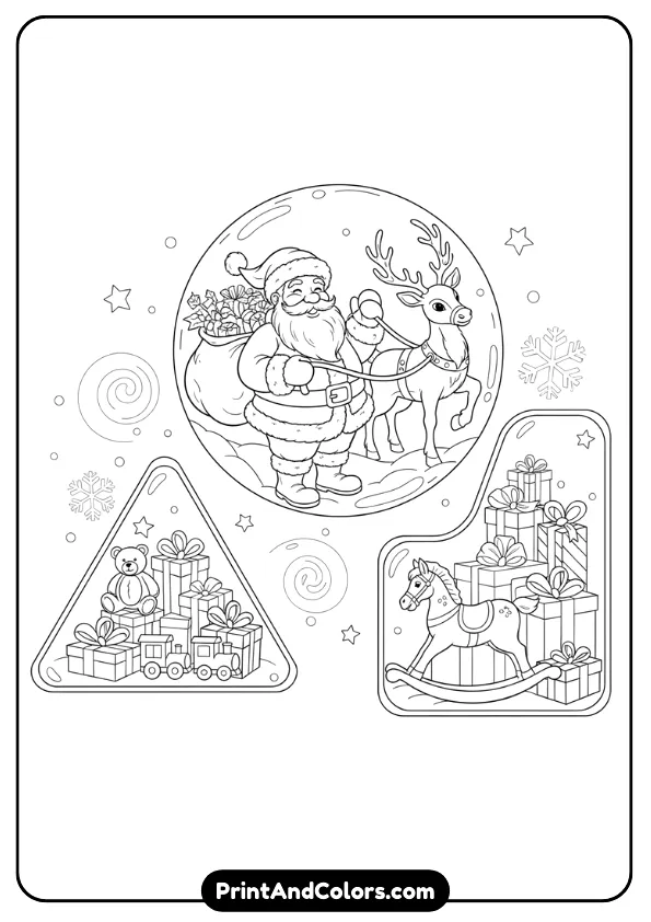 Create a stained-glass style black and white outline featuring Santa, reindeer, and gifts inside geometric glass-like shapes