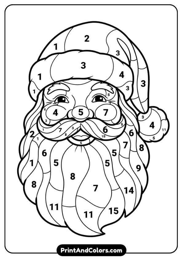 Simple Santa illustration divided into numbered sections for color-by-number activity. Bold outlines and clear segmentation