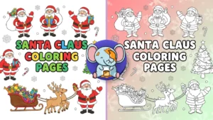 Cheerful Santa Claus coloring page illustrations including Santa with gifts, sleigh, candy canes, and Christmas tree in bold black-and-white line art for kids.
