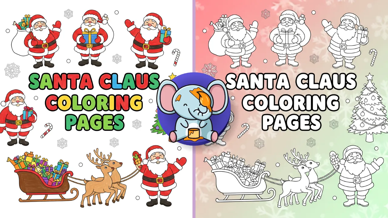 Cheerful Santa Claus coloring page illustrations including Santa with gifts, sleigh, candy canes, and Christmas tree in bold black-and-white line art for kids.