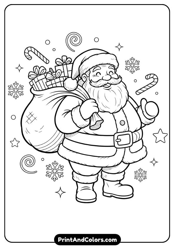 Create a black and white line-art illustration of a classic Santa Claus, smiling warmly, holding a gift bag over his shoulder. Include clean outlines, simple shading lines, and holiday elements such as snowflakes, candy canes, and stars. Make it bold, crisp, and perfect for kids’ coloring pages