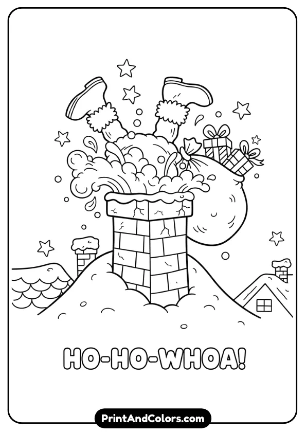 Funny line-art of Santa slipping or falling into a chimney, legs or boots sticking out. Add snow and stars for humor.